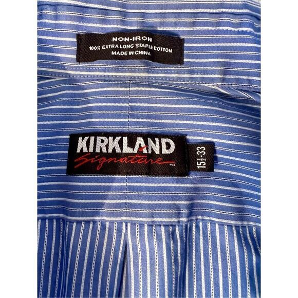 Kirkland Signature Shirt Mens 15.5 33 Blue & White Stripe Long Sleeve Button Up - Picture 4 of 4